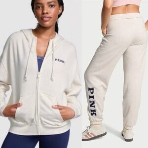 VS PINK Heather Cream SET Hoodie With Large “P” On Back & Sweatpants Embroidery